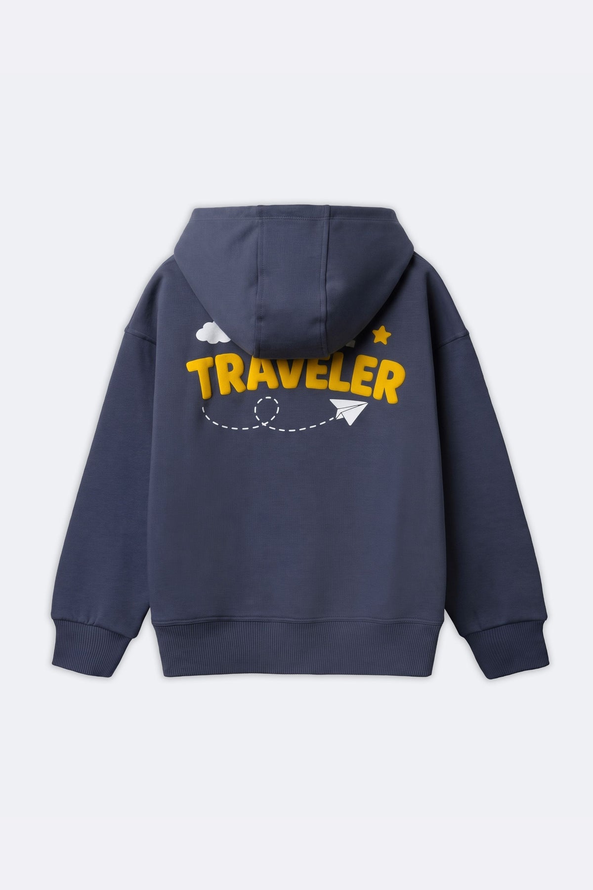 Denim blue kids hoodie with hood, 'TRAVELER' back print and paper plane graphic
