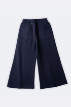 Navy fleece palazzo pants with elastic waist and two front patch pockets