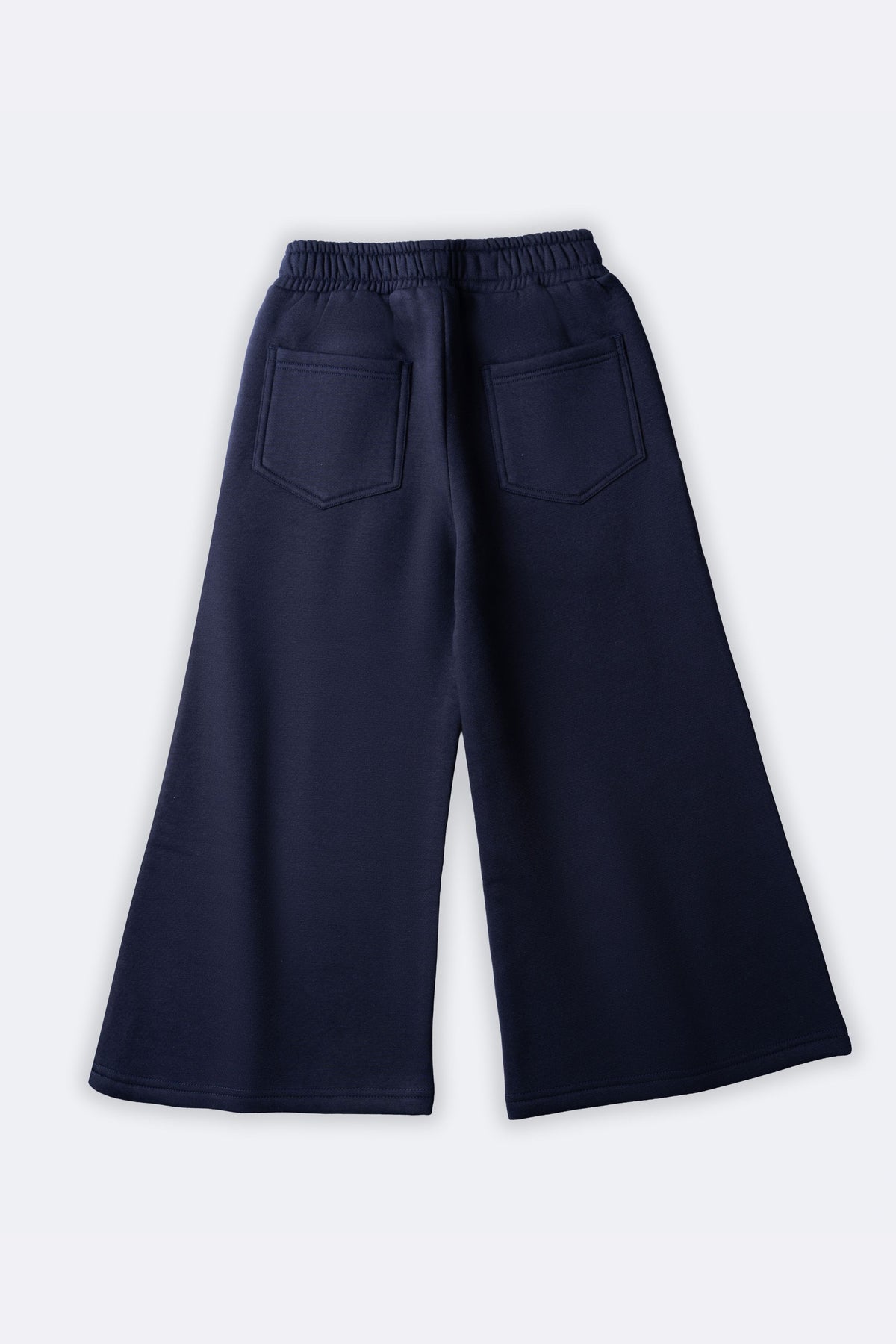Navy fleece palazzo pants with elastic waist and two front patch pockets