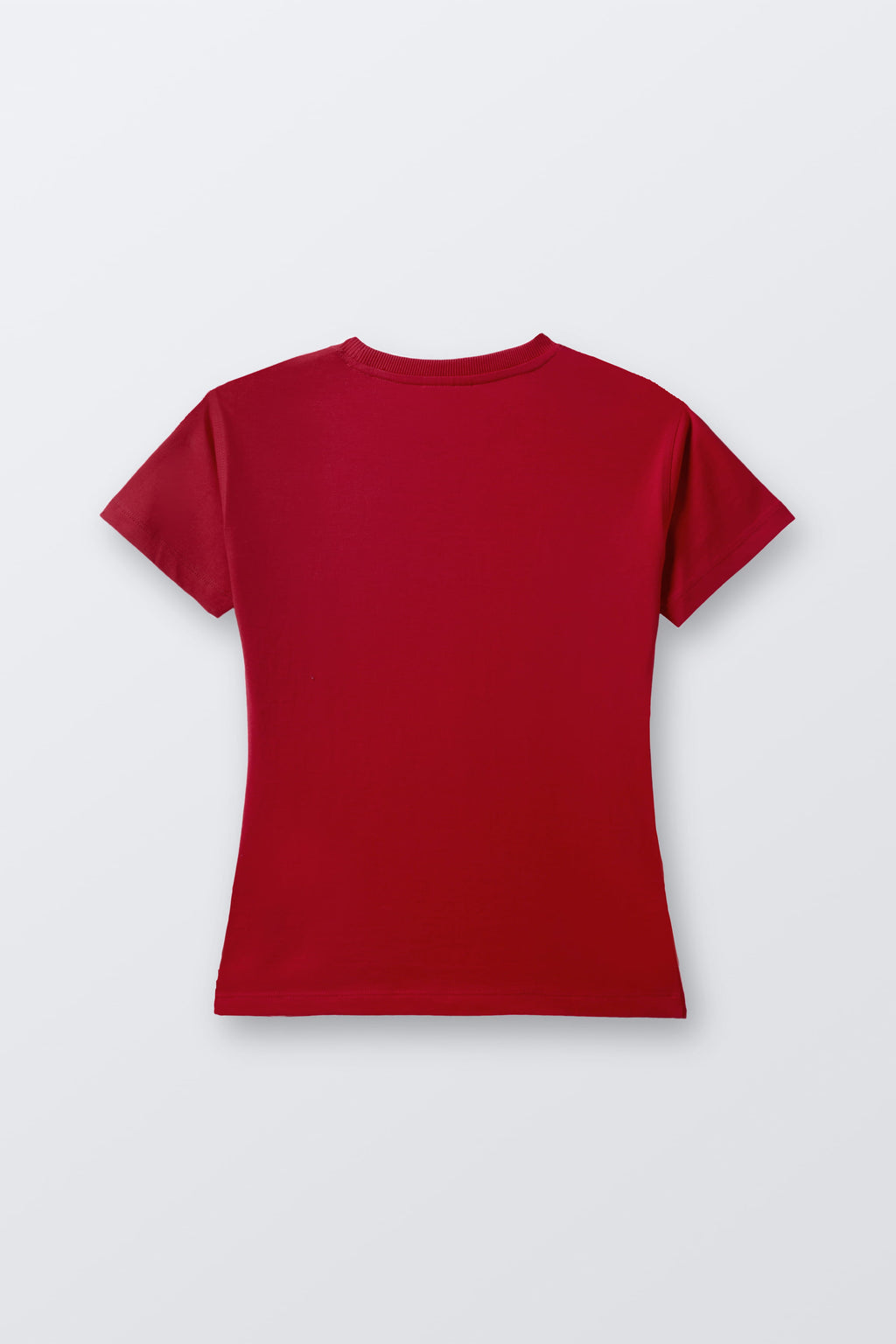 Red short-sleeve crewneck tee with plain front, no embroidery
