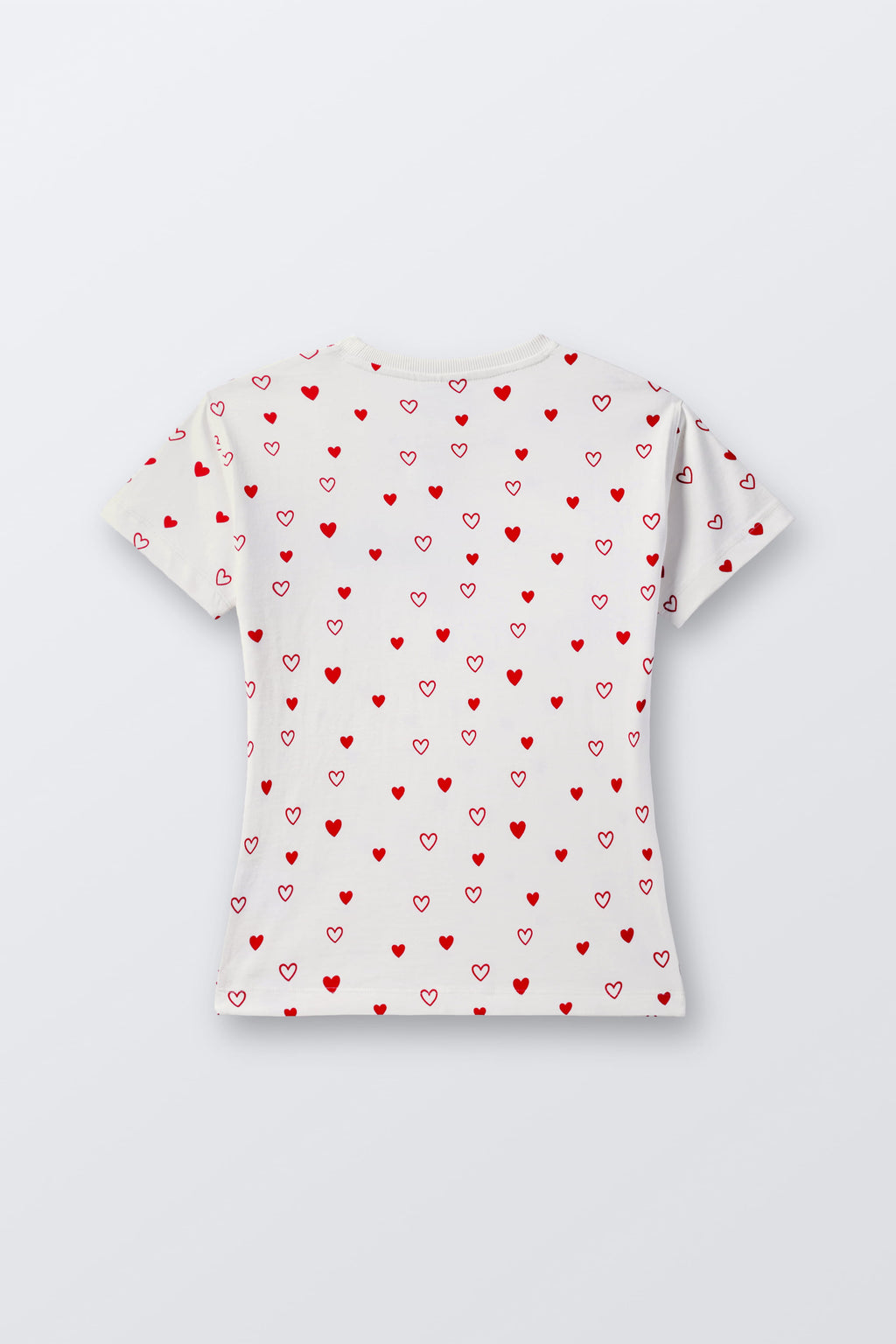 Off-white comfort tee, back view, allover red heart print