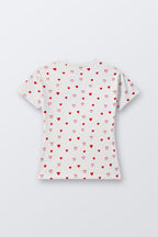 Off-white comfort tee, back view, allover red heart print