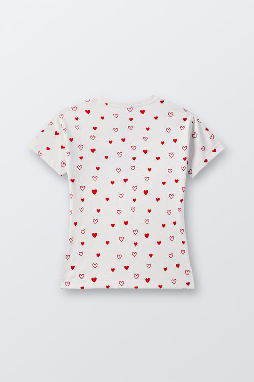 Off-white comfort tee, back view, allover red heart print
