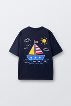 Navy comfort T-shirt with colorful sailboat and sea graphic on front