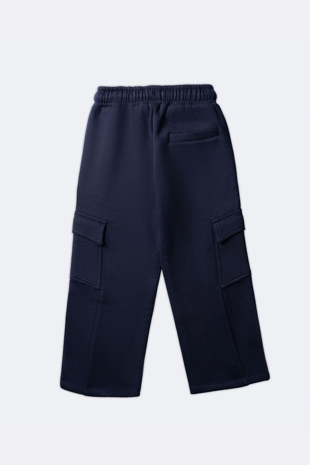 Navy fleece pajama pants with elastic waist, drawstring and cargo pocket panels