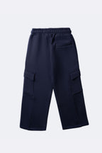 Navy fleece pajama pants with elastic waist, drawstring and cargo pocket panels