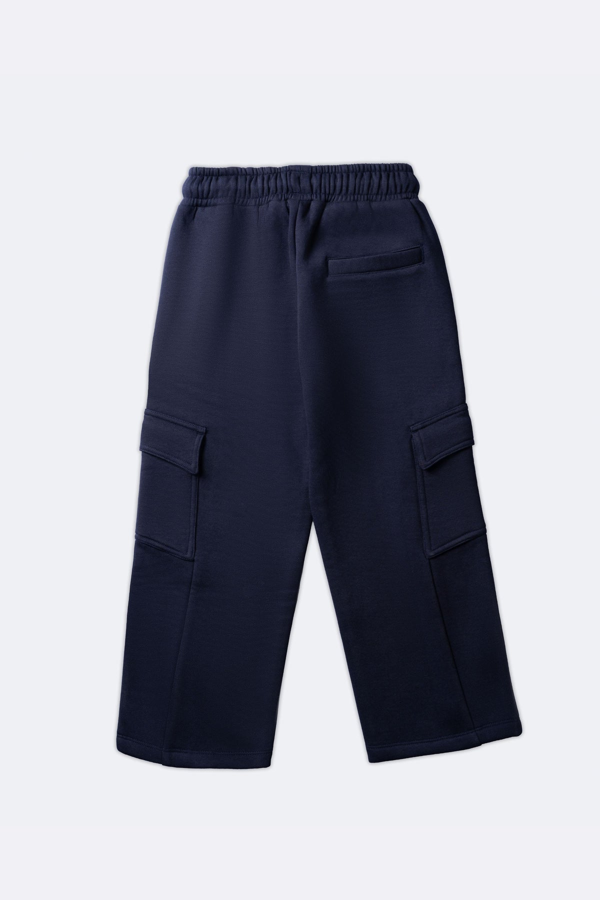 Navy fleece pajama pants with elastic waist, drawstring and cargo pocket panels
