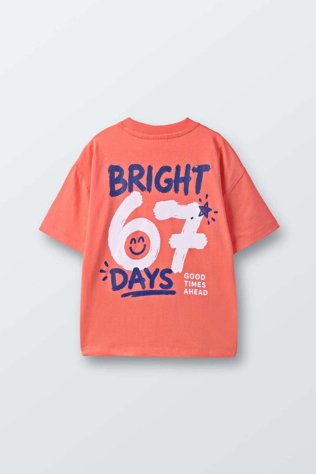Coral graphic comfort tee with "BRIGHT 67 DAYS" print