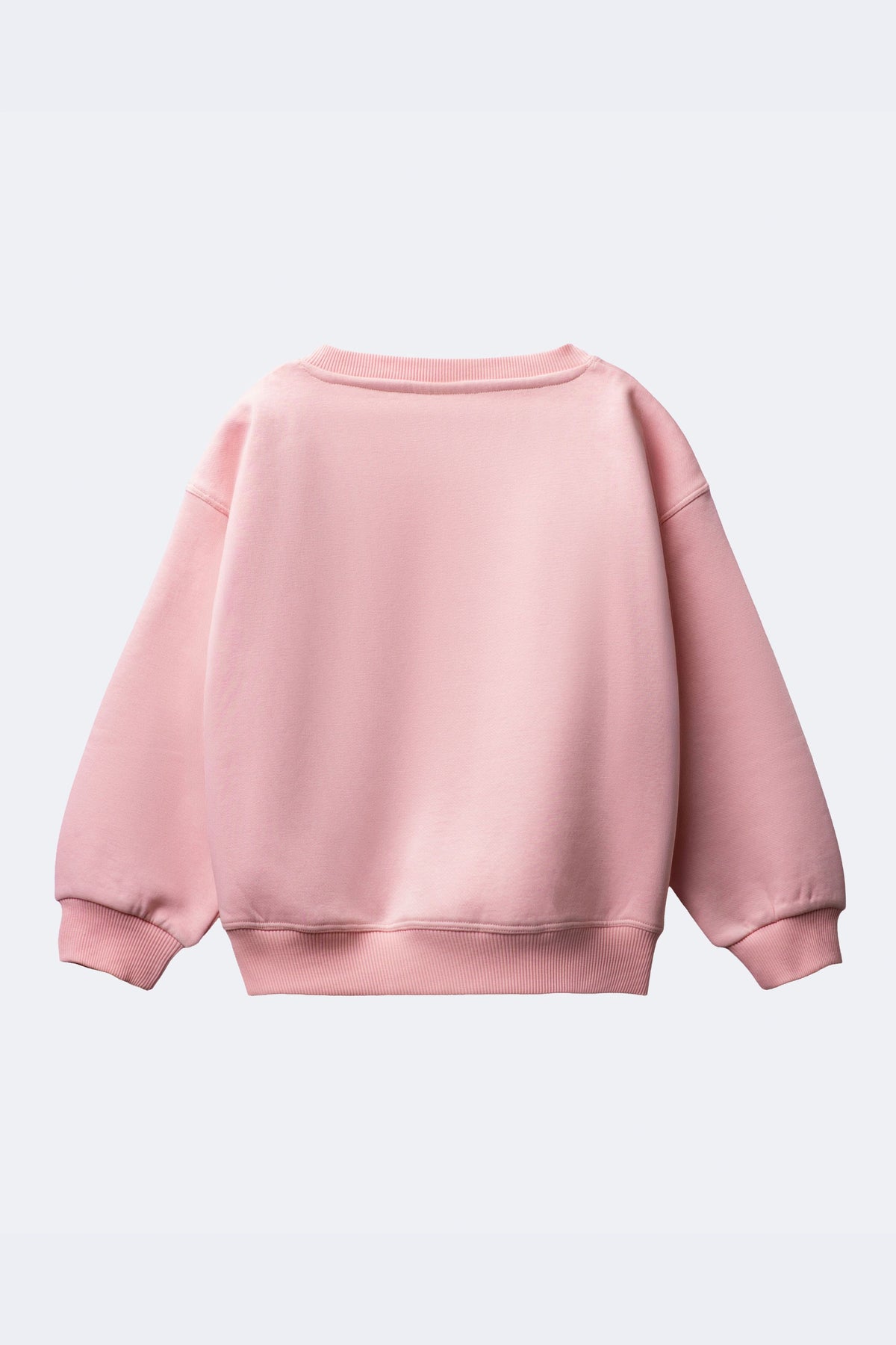 Girl's blush pink butterfly sweatshirt, back view with ribbed cuffs and hem