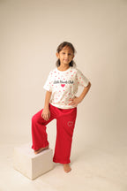 Off-white kids comfort tee with red heart print and 'Little Hearts Club' on chest