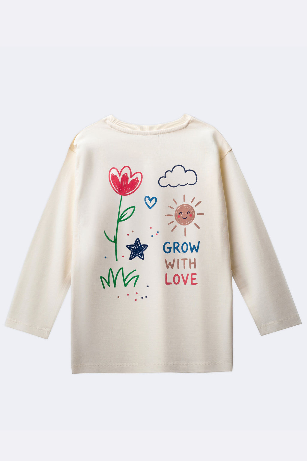 Off-white long-sleeve comfort tee with colorful floral “Grow with Love” back graphic