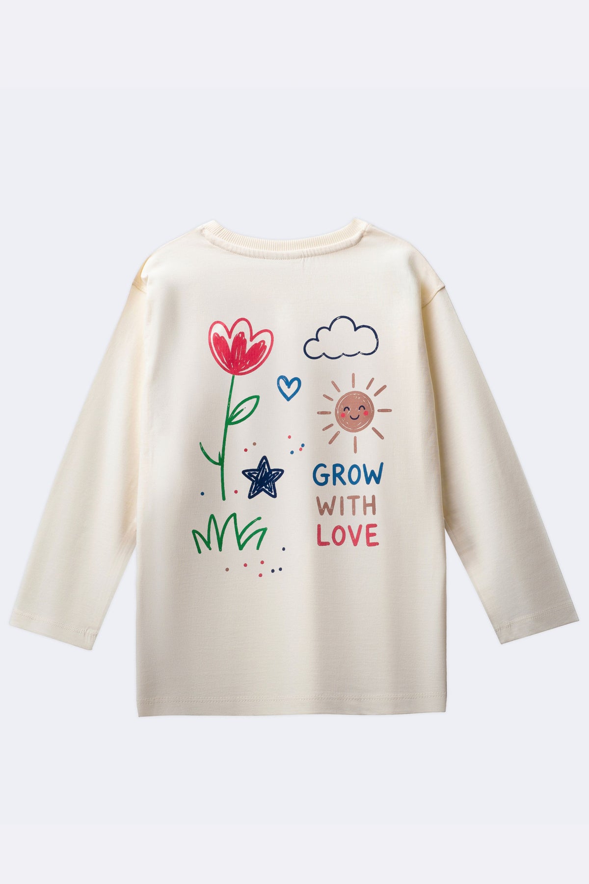 Off-white long-sleeve comfort tee with colorful floral “Grow with Love” back graphic
