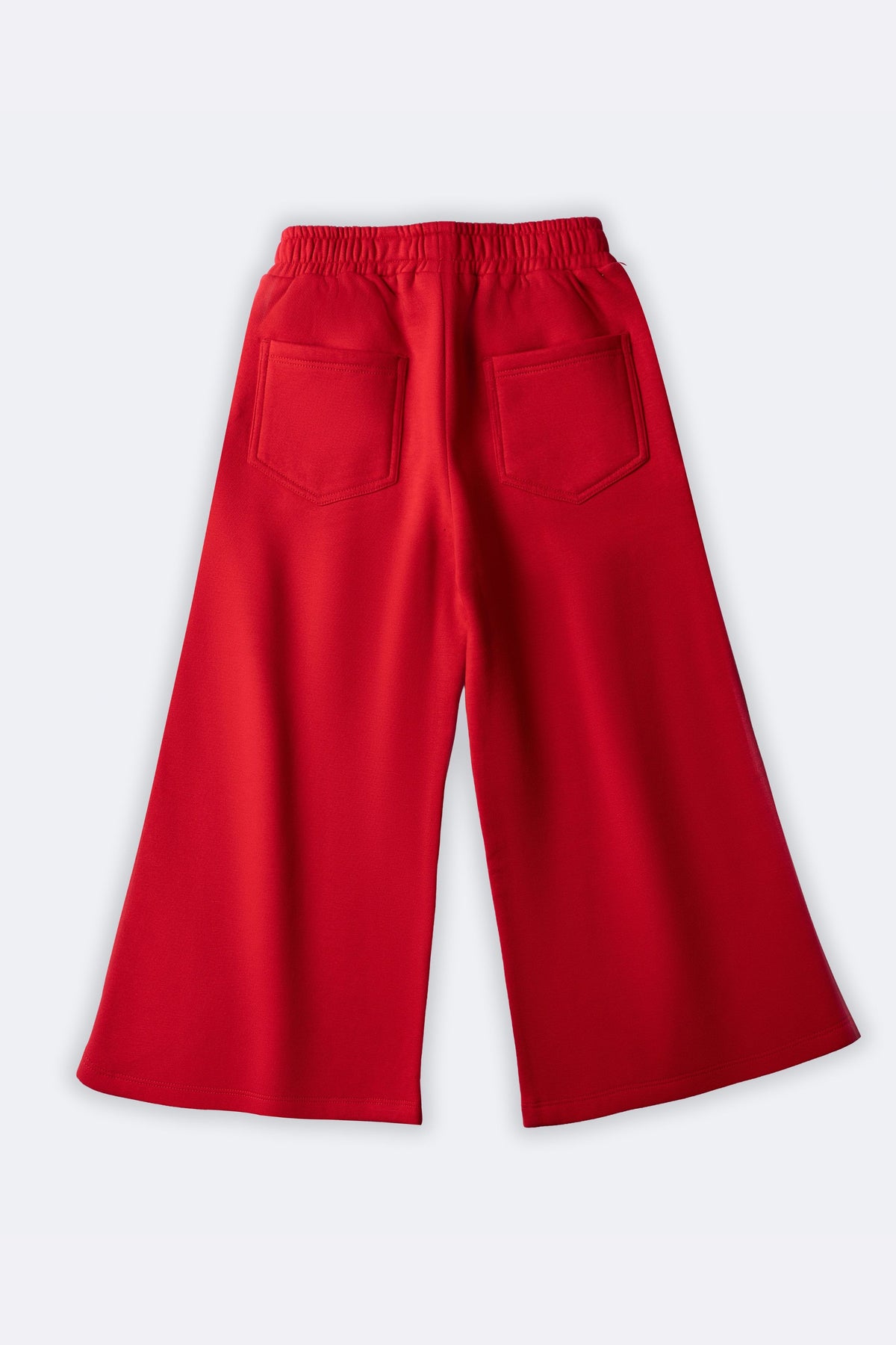 Red 320 gsm fleece palazzo pants with elastic waist and two front patch pockets