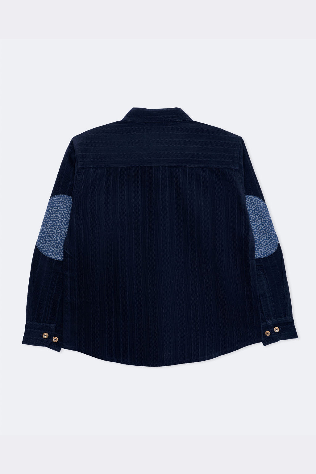 Boys navy corduroy shirt back view with printed elbow patches and gold button cuffs