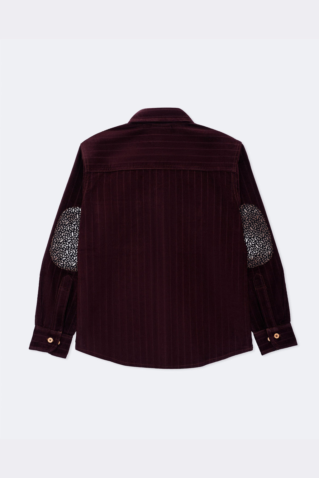 Burgundy corduroy button-up shirt back with contrast printed elbow patches