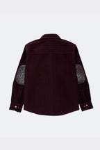 Burgundy corduroy button-up shirt back with contrast printed elbow patches