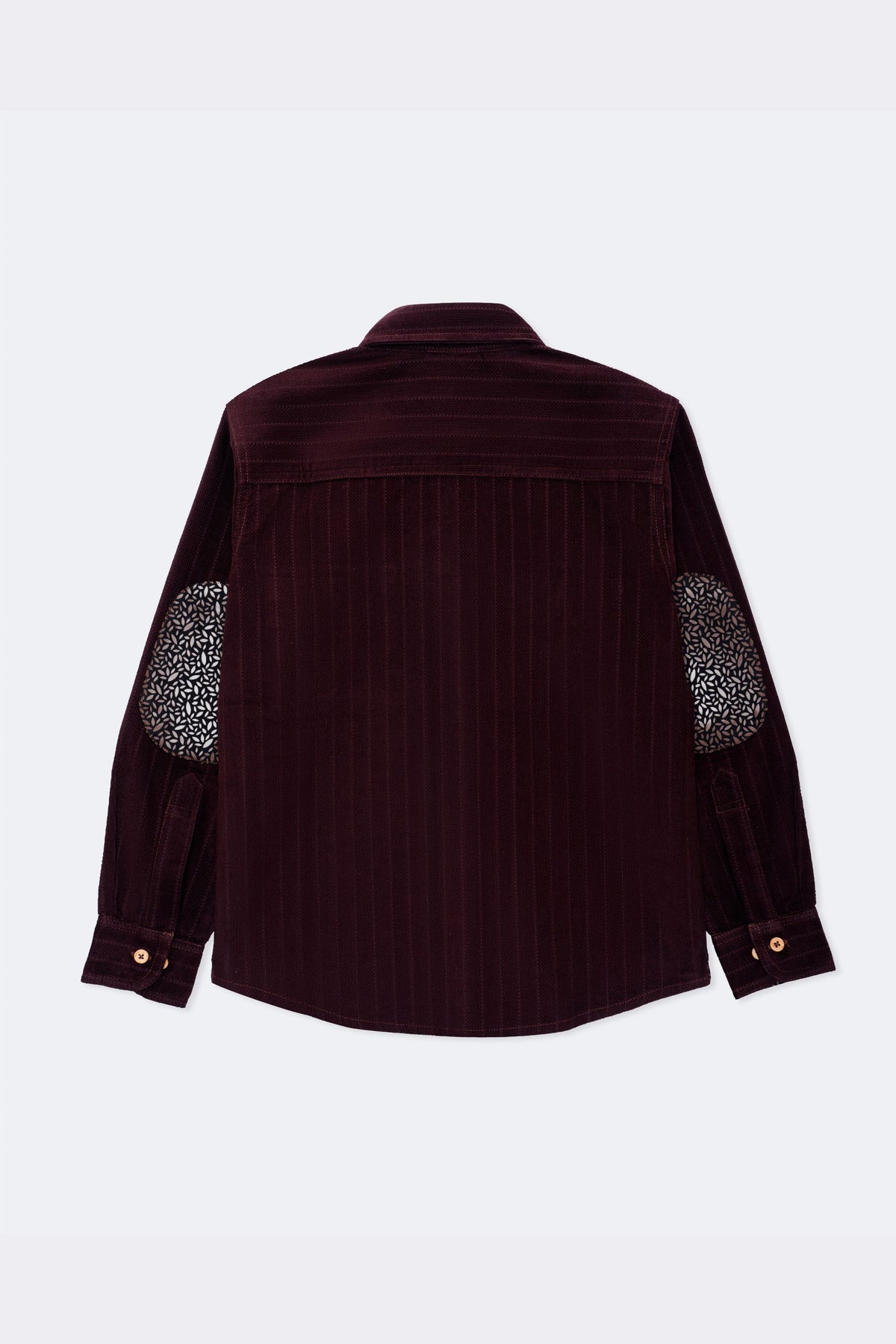 Burgundy corduroy button-up shirt back with contrast printed elbow patches