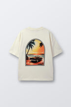 Cream T-shirt with large front framed sunset beach car print
