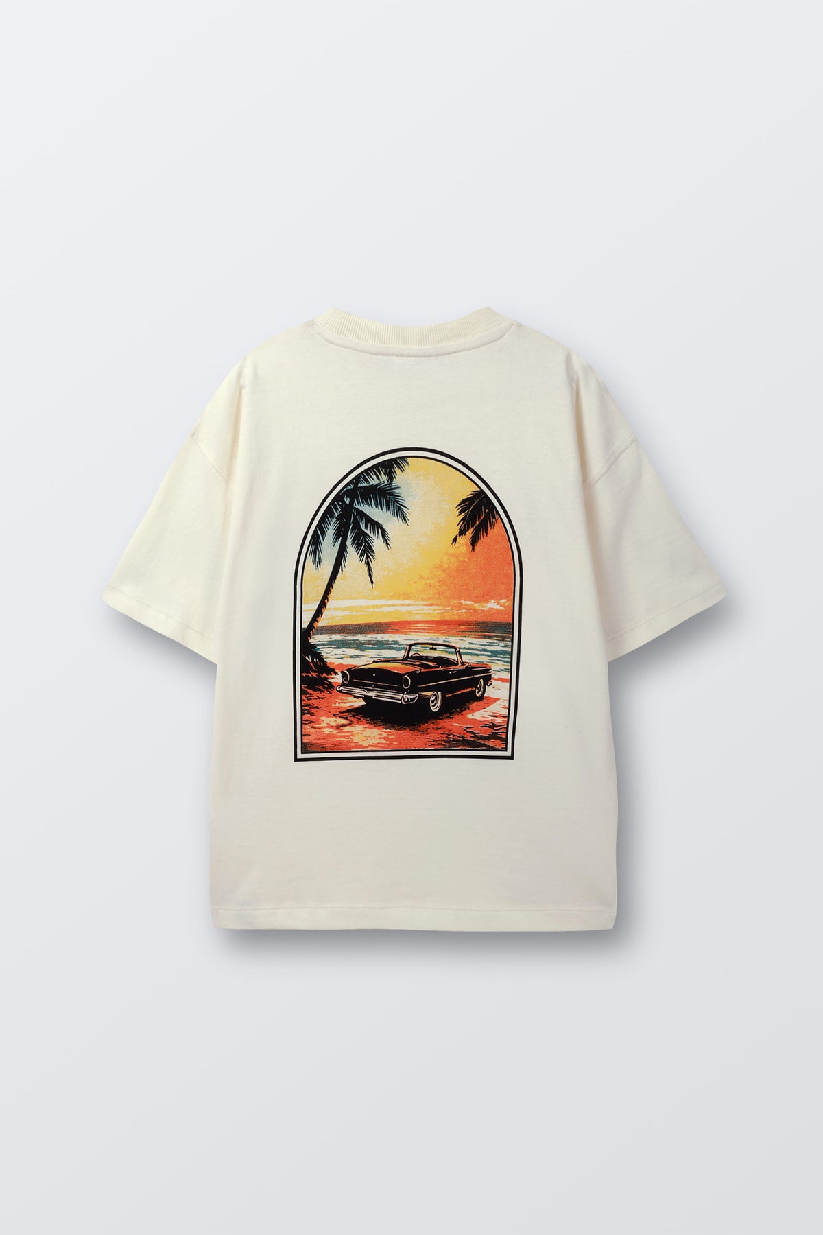 Cream T-shirt with large front framed sunset beach car print