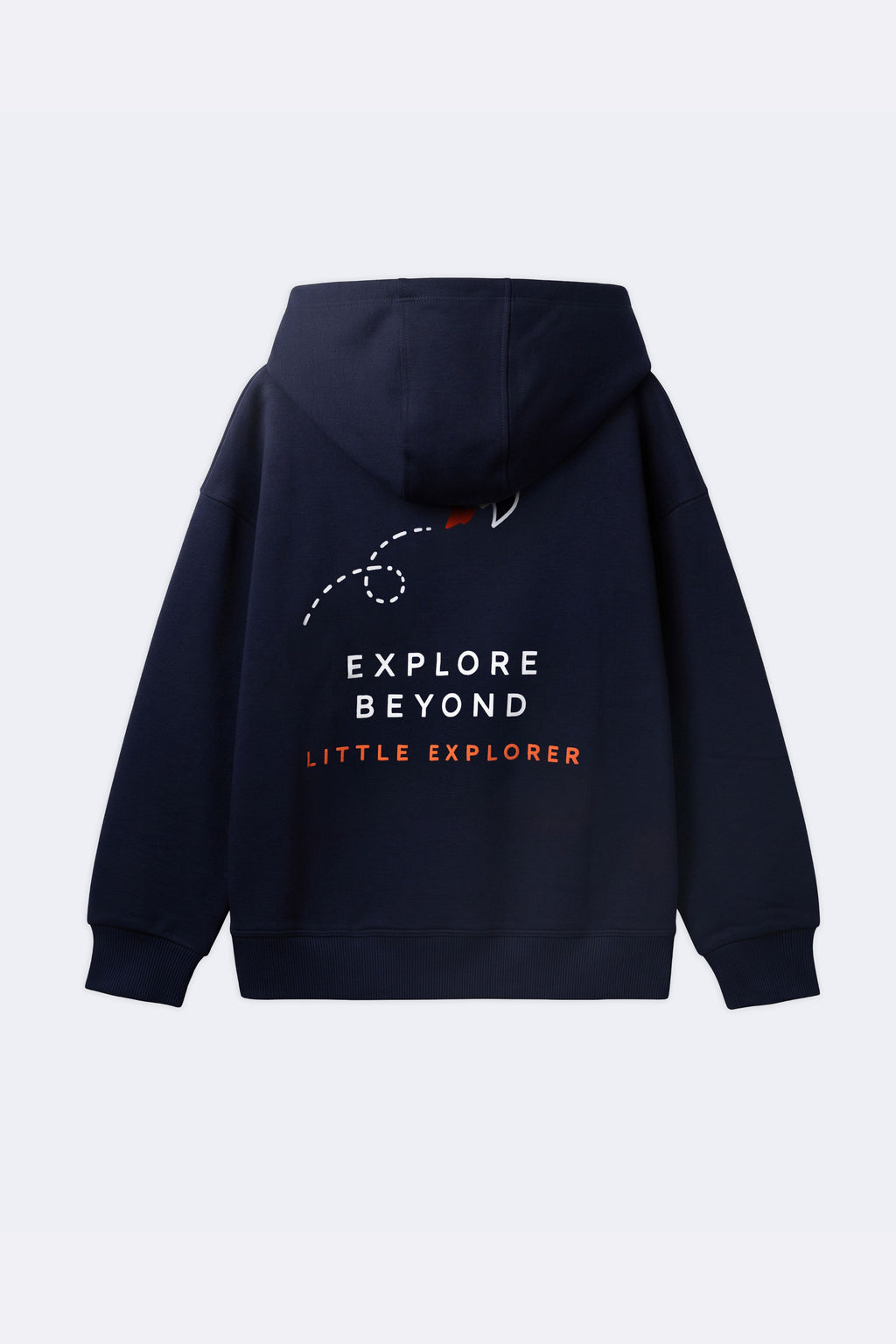 Navy hoodie, back view: Explore Beyond text with Little Explorer and rocket print