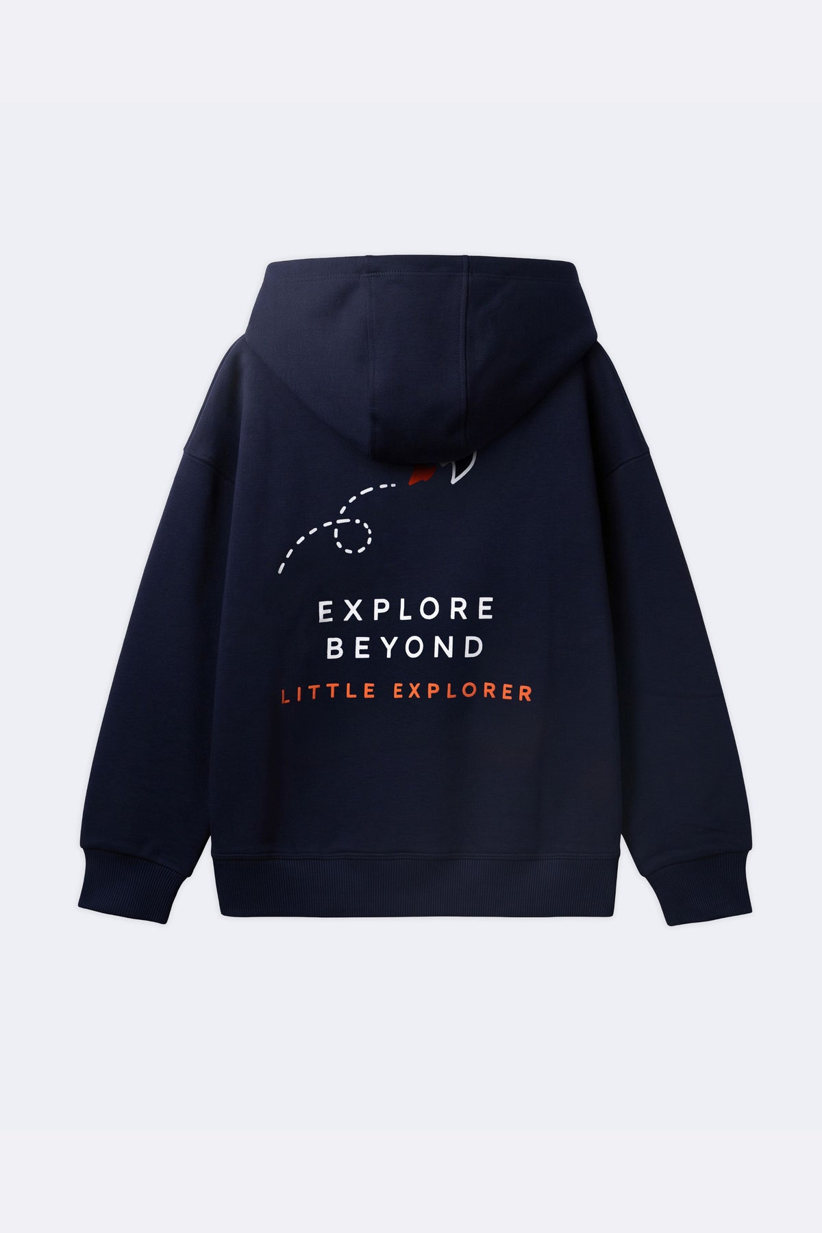 Navy hoodie, back view: Explore Beyond text with Little Explorer and rocket print
