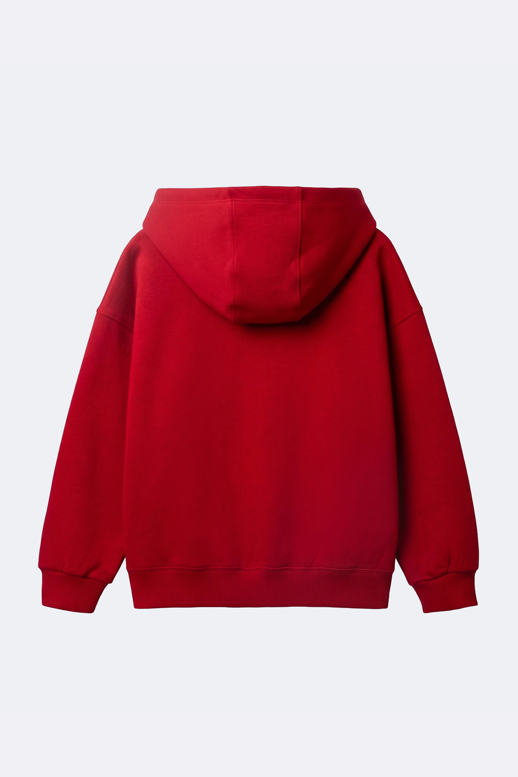 Red fleece hoodie sweatshirt with hood and kangaroo pocket, back view