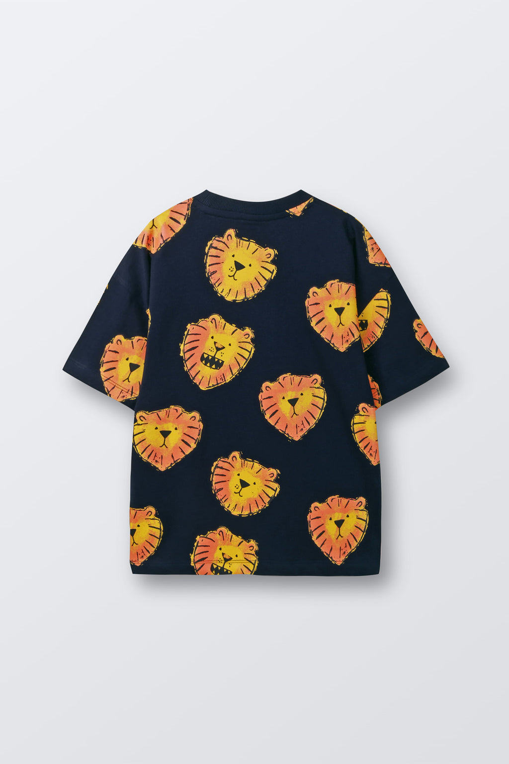 Navy oversized t-shirt with repeating roaring lion face print in yellow and orange