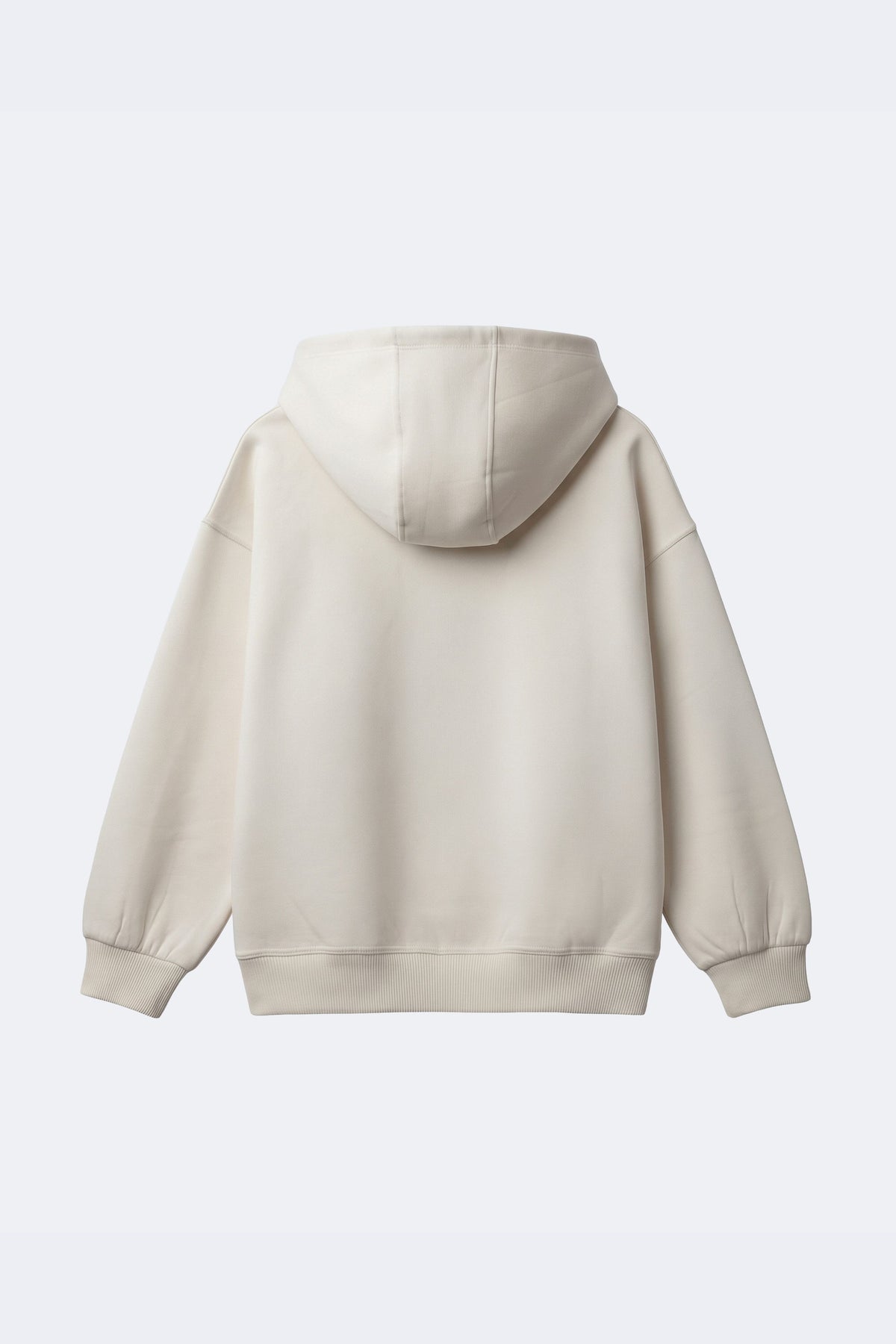 Ivory cream girls hooded sweatshirt, plain back view with ribbed cuffs