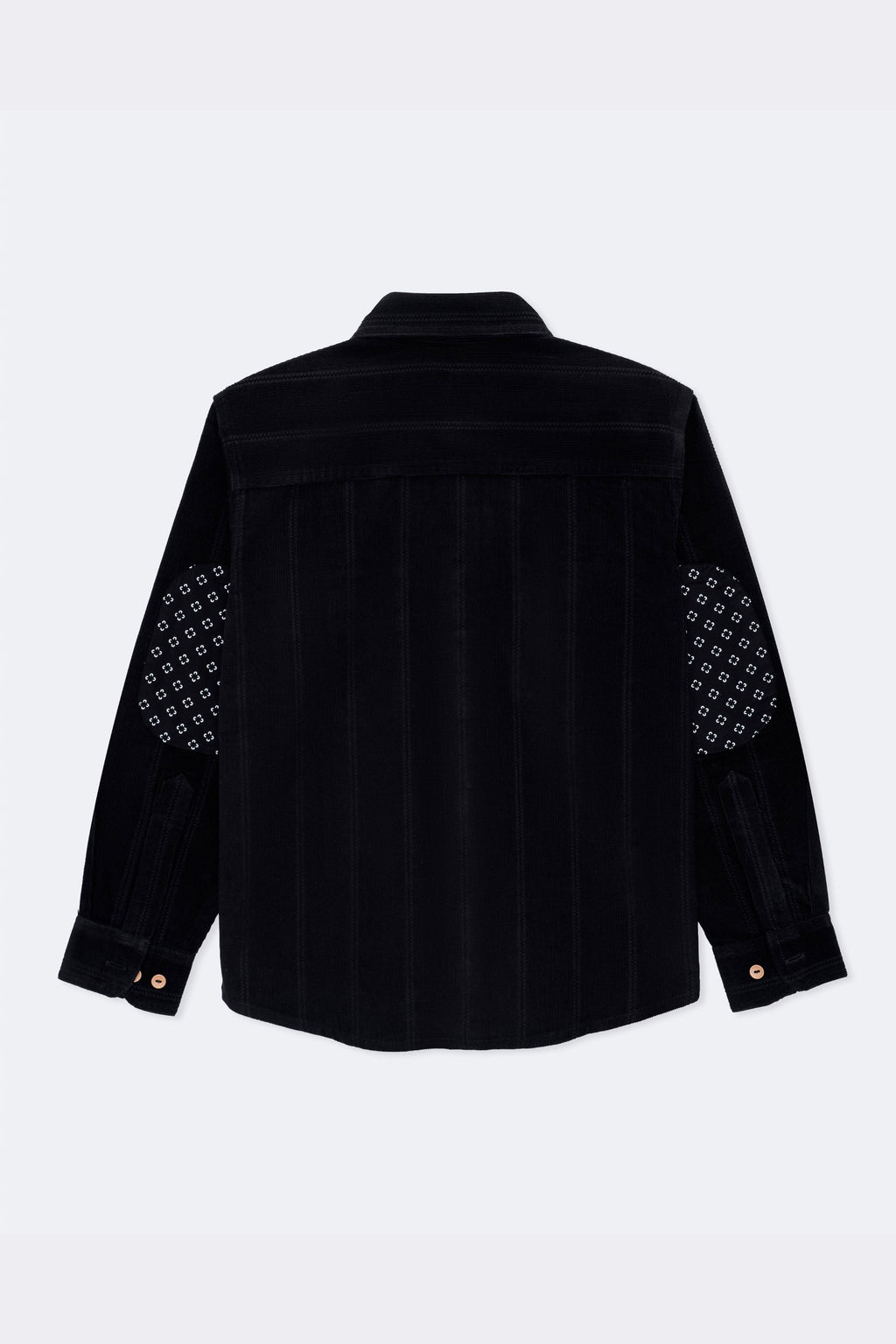 Black corduroy back view with long sleeves and printed elbow patches on cuffs