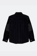 Black corduroy back view with long sleeves and printed elbow patches on cuffs
