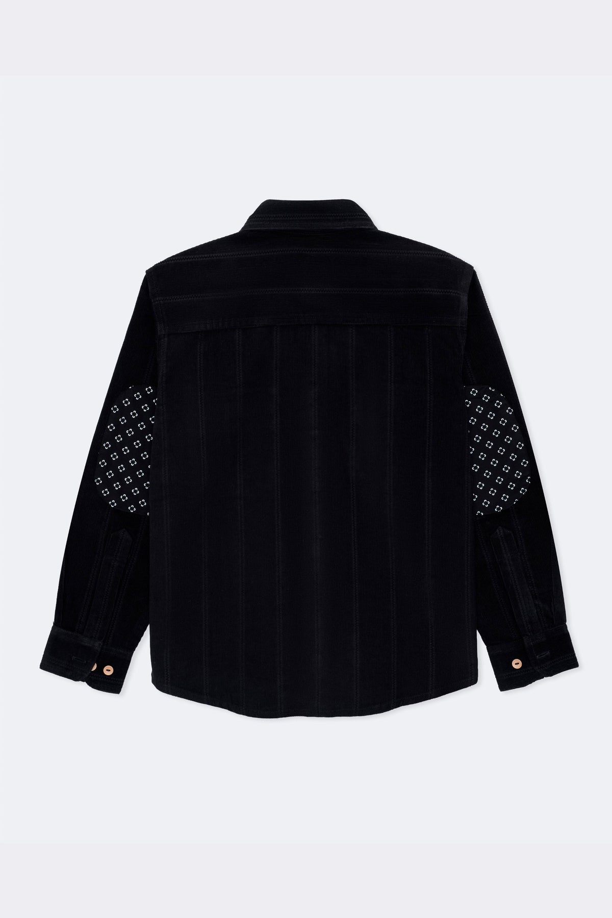 Black corduroy back view with long sleeves and printed elbow patches on cuffs