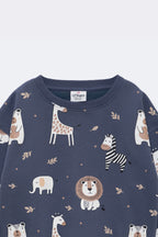 Denim blue kids sweatshirt front with scattered safari animal print and crew neck