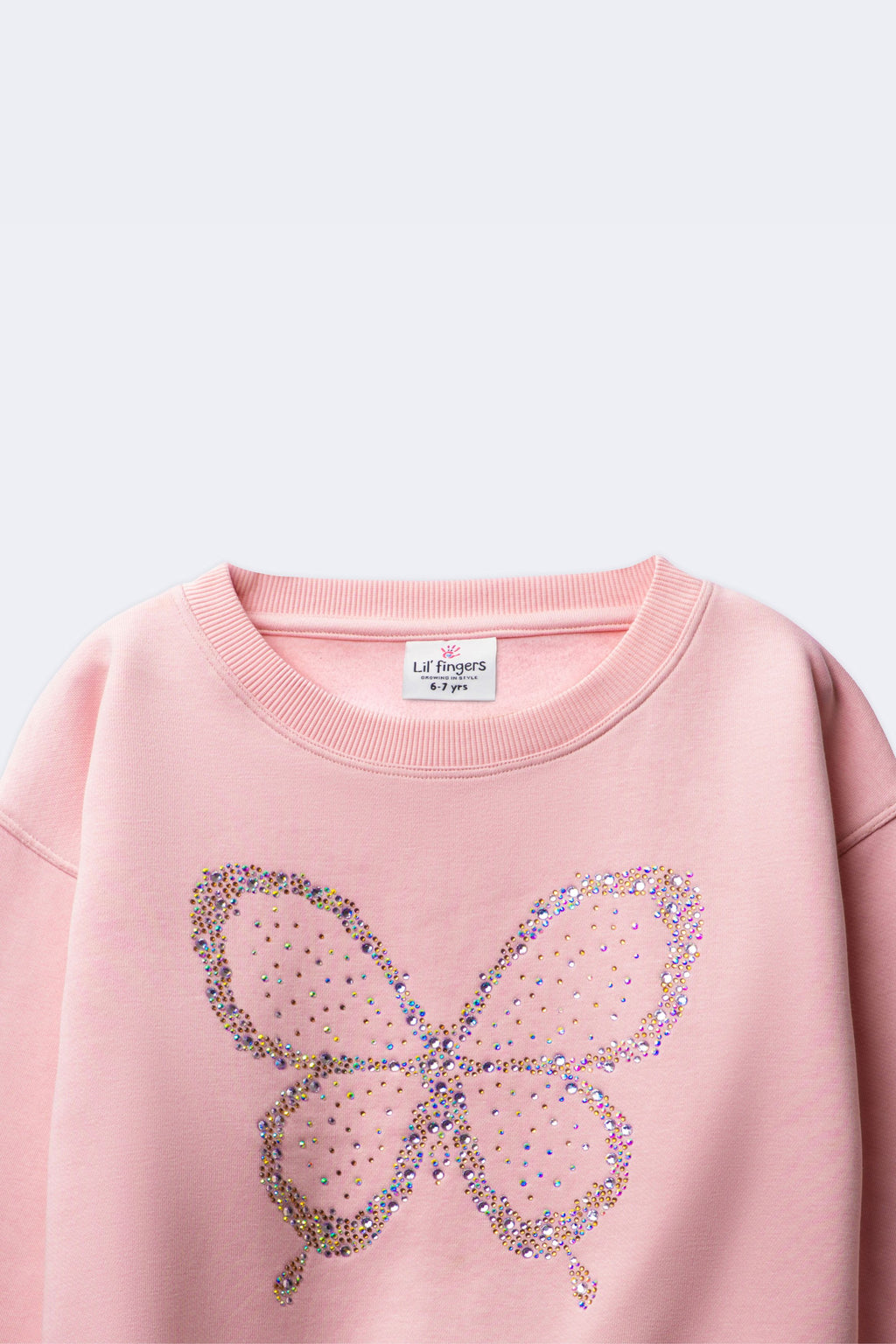 Girl's blush pink sweatshirt with sequined butterfly beadwork on the front