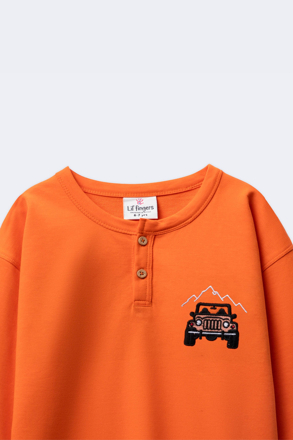 Boys orange henley T-shirt with front button placket and off-road car embroidery