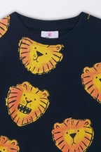 Navy oversized t-shirt with roaring lion face print and ribbed crew neck