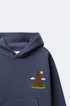 Denim blue kids hoodie with Eiffel tower, star and cloud embroidery on chest