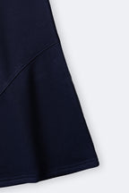 Navy fleece palazzo pant leg with smooth side seam and wide flare hem