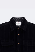 Black corduroy full-sleeve shirt, twin flap pockets and wooden-look buttons