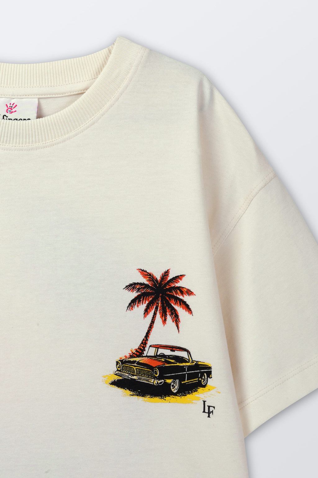 Cream T-shirt with palm tree beach car graphic on chest and small LF logo