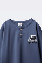 Boys denim blue terry henley with button placket and car embroidery detail