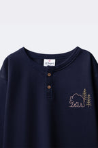 Boys navy terry henley long-sleeve T-shirt with button placket and bear/tree embroidery