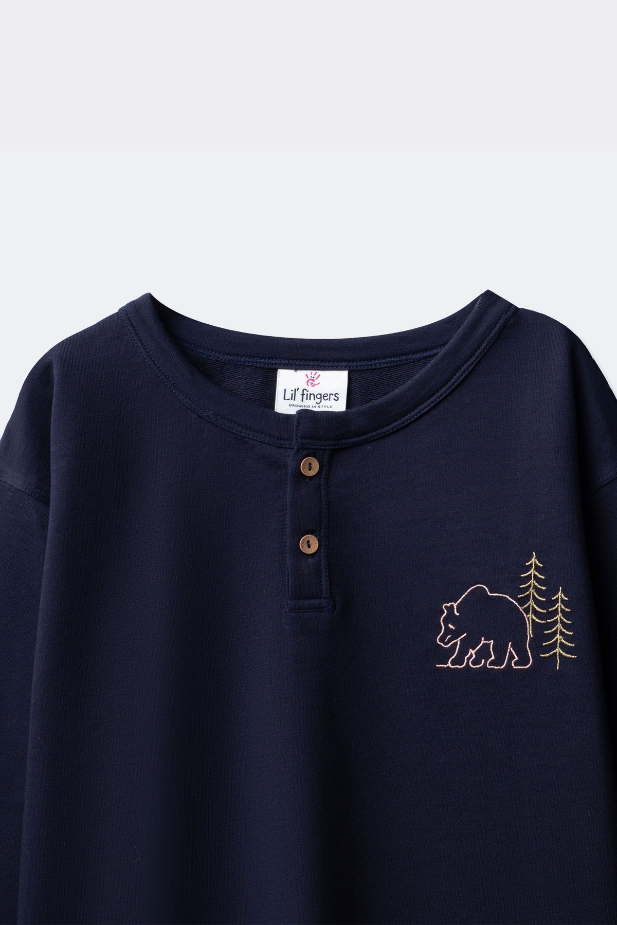 Boys navy terry henley long-sleeve T-shirt with button placket and bear/tree embroidery