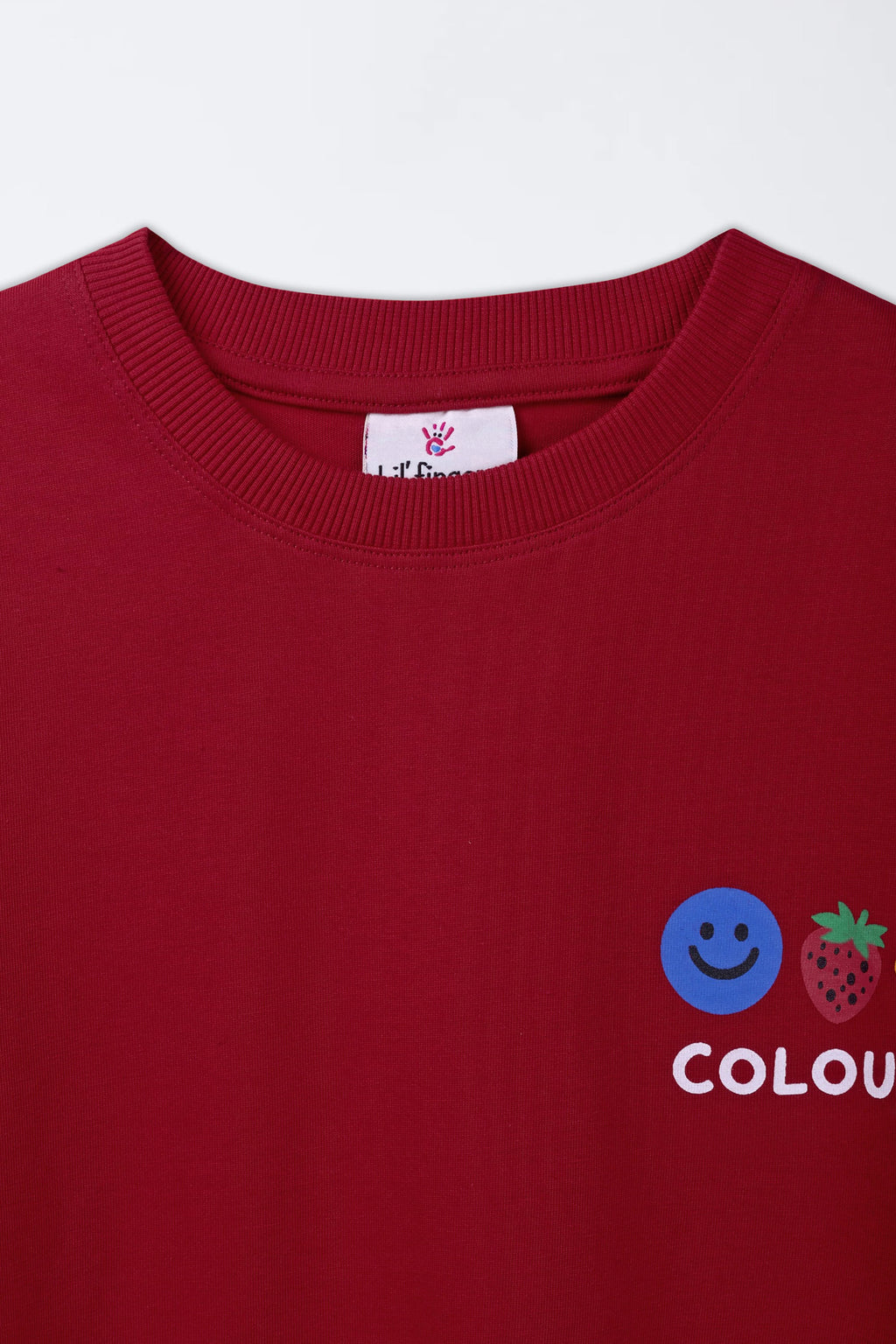 Red crewneck T-shirt with ribbed collar and COLOURS smiley graphic