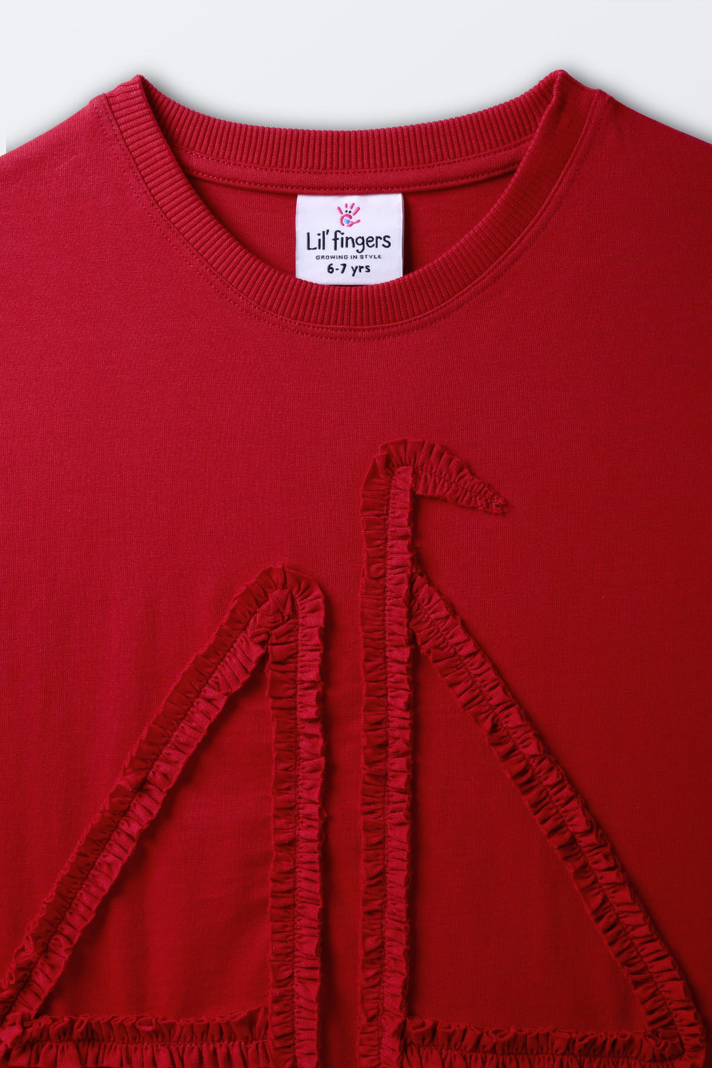 Red round-neck tee with Lil' fingers label and boat-shaped stitched trim