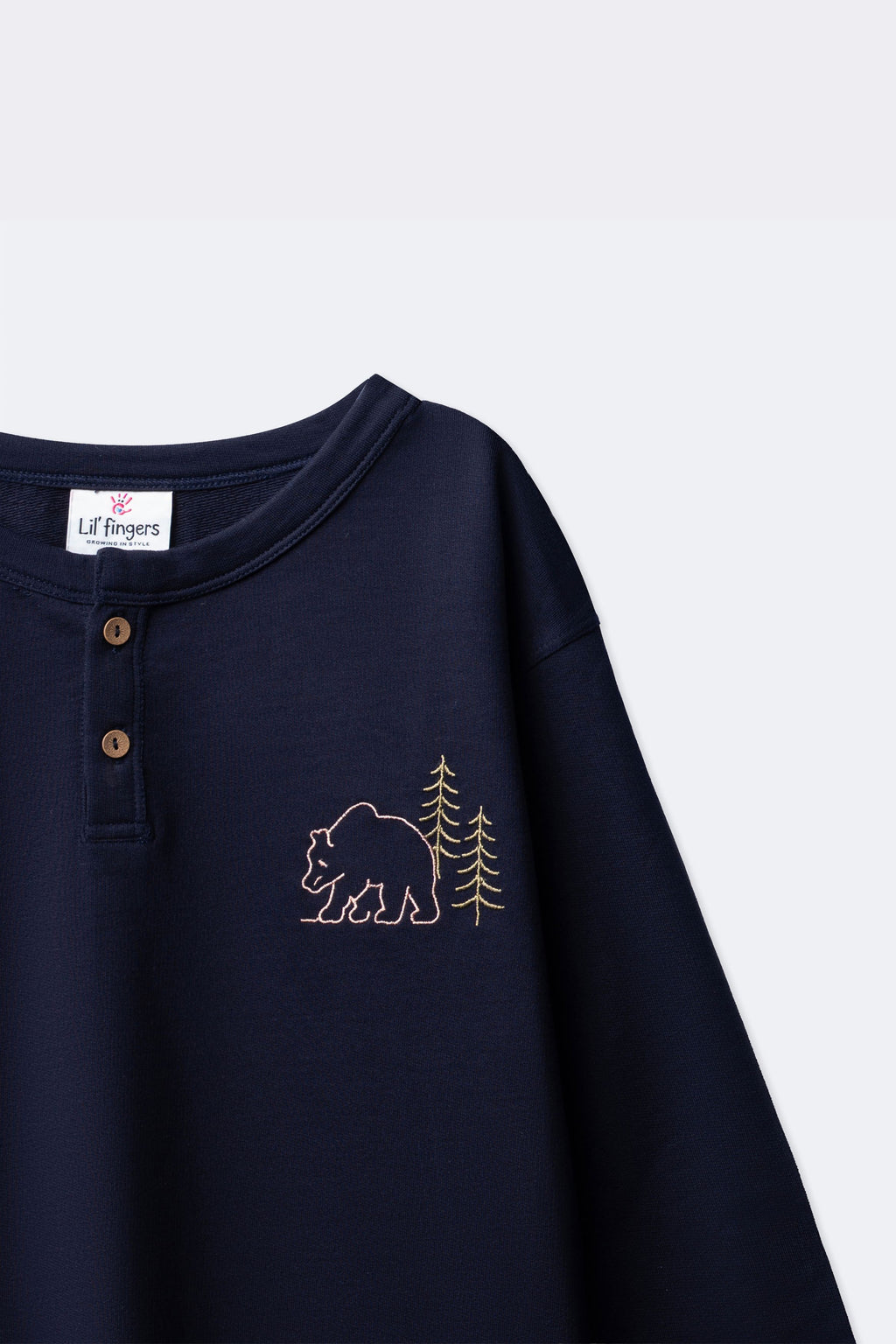 Boys navy henley long-sleeve T-shirt with bear and tree outline embroidery