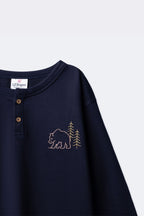 Boys navy henley long-sleeve T-shirt with bear and tree outline embroidery