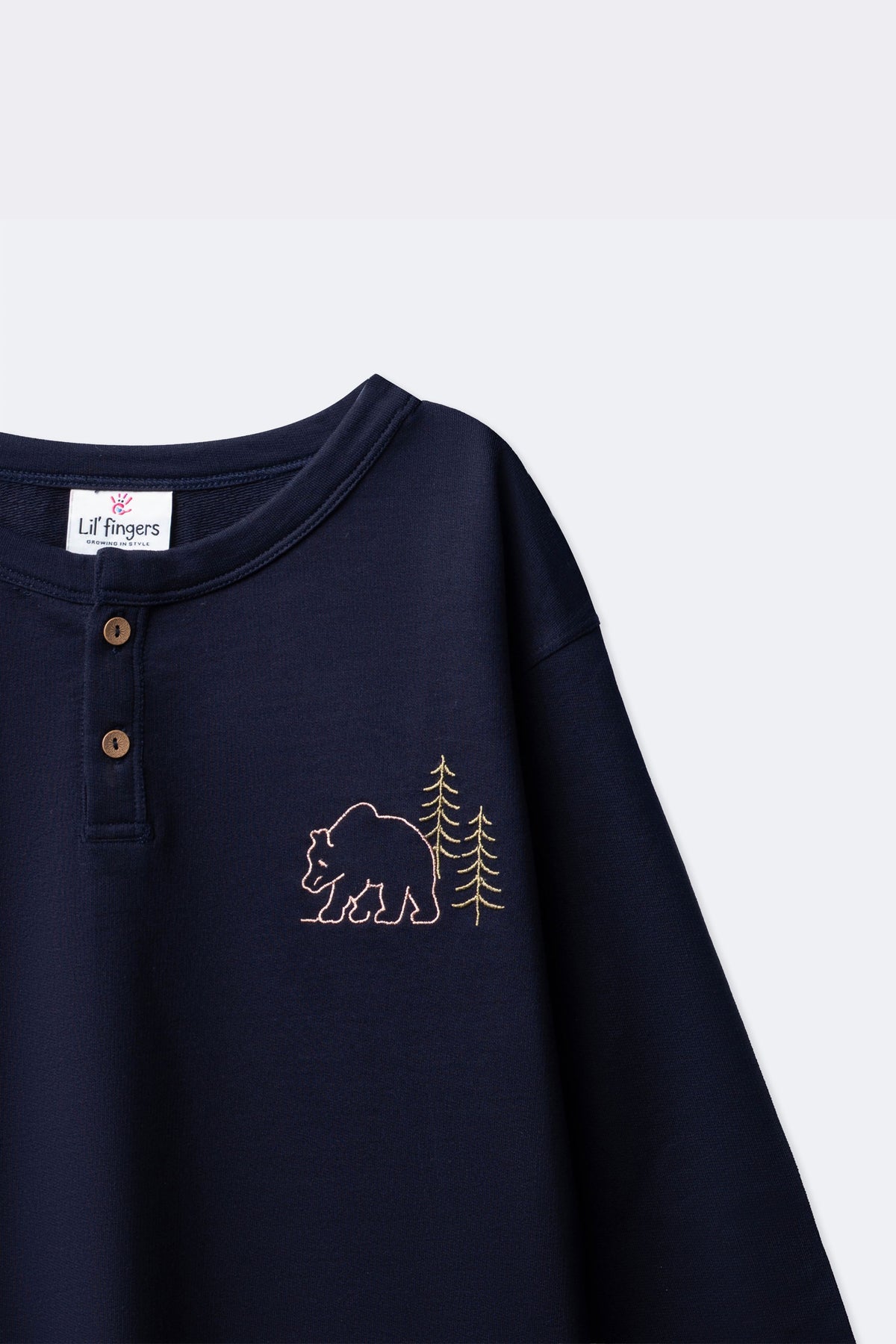 Boys navy henley long-sleeve T-shirt with bear and tree outline embroidery