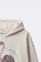 Ivory cream girls hoodie close-up of hood and embellished flamingo text