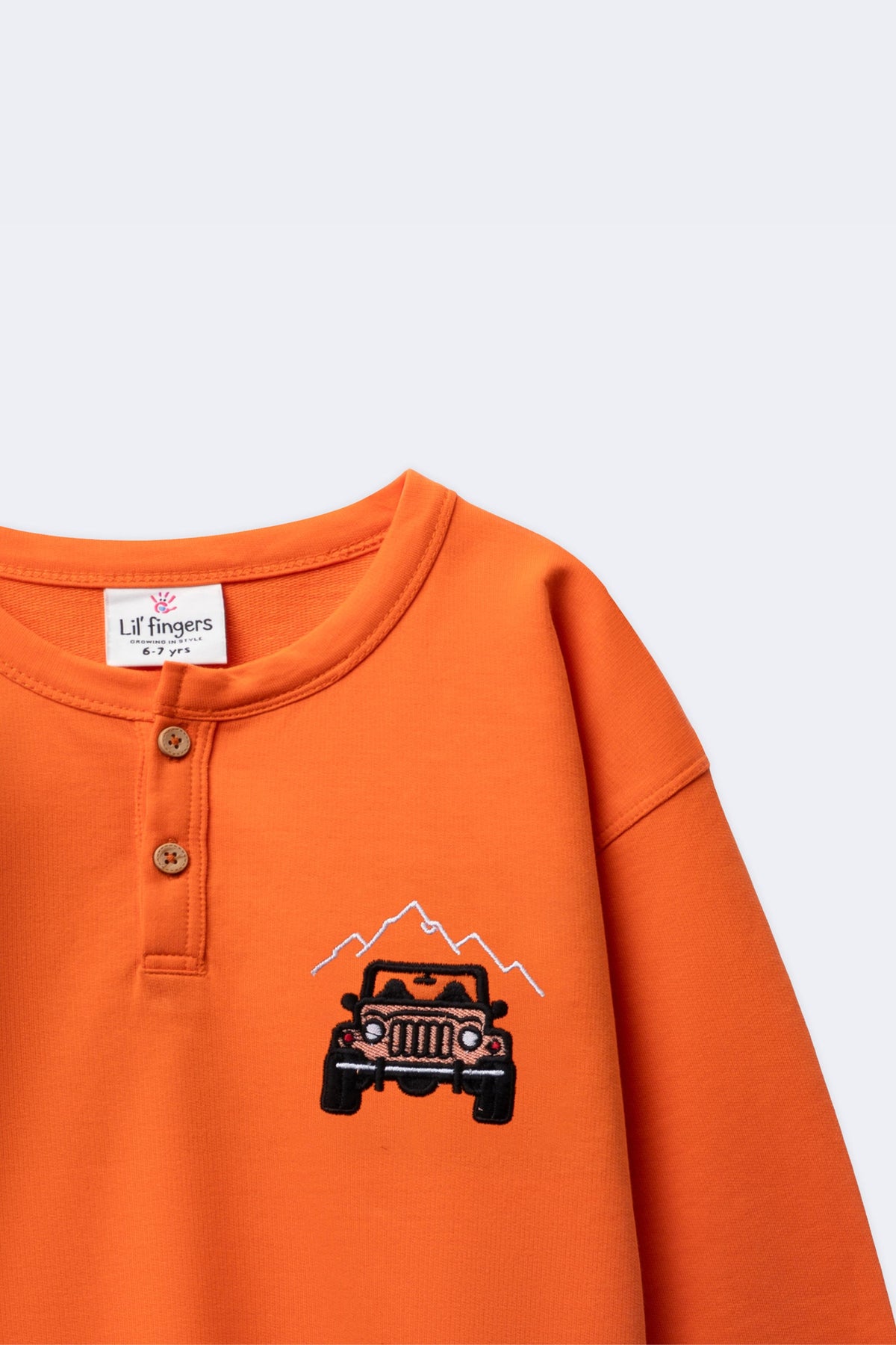 Boys orange henley T-shirt with off-road car embroidery and henley neckline buttons