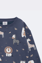 Denim blue kids sweatshirt with all-over safari animal print and long sleeves